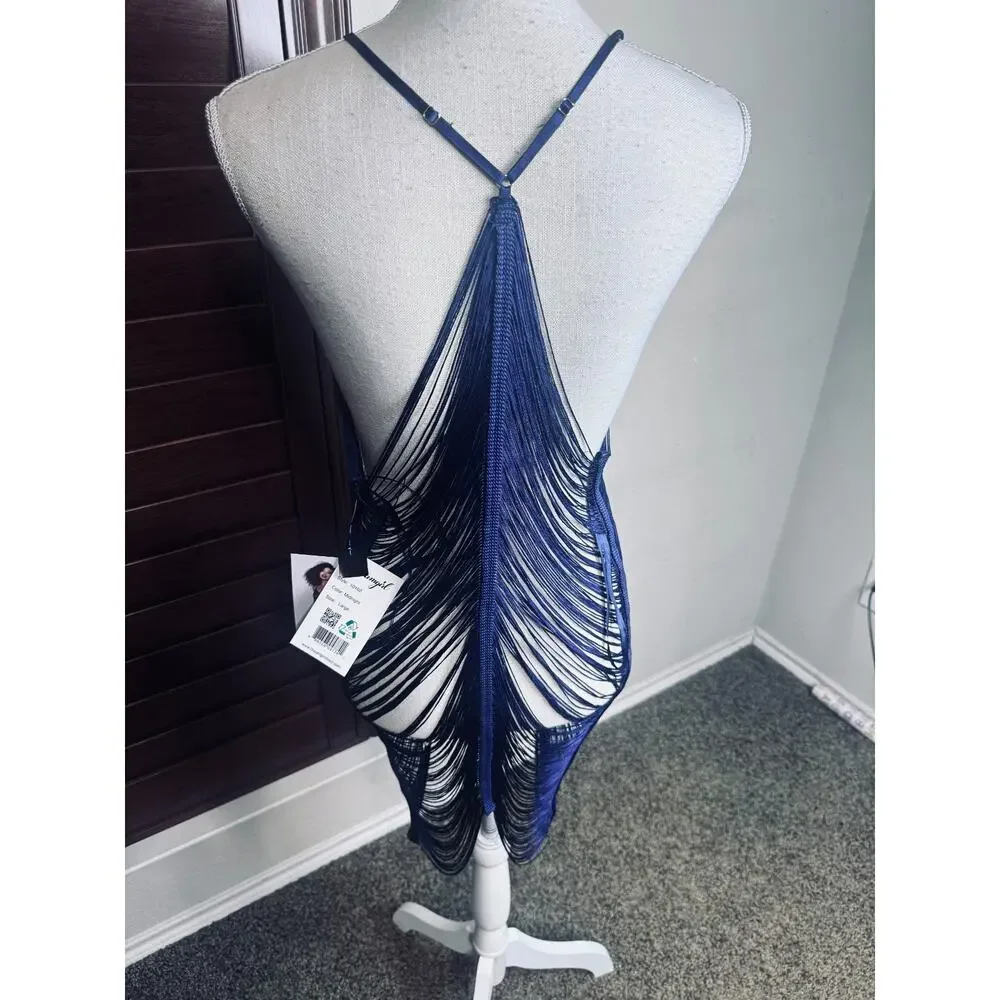 NWT Dreamgirl Blue Sexy Dress Drape Fringe Chemise & G-String Set mini lingerie